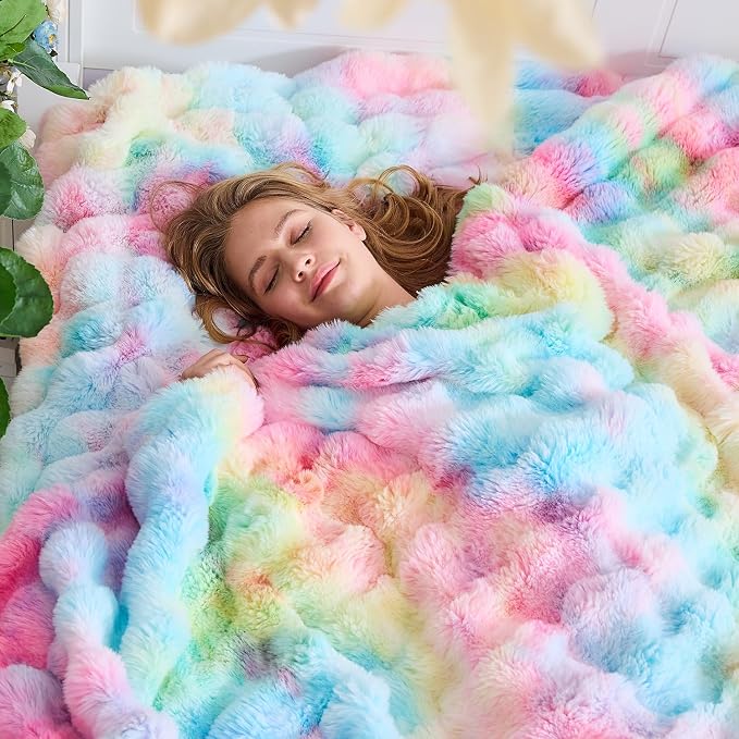 Lotus Karen King Size Faux Fur Blanket Rainbow - Image 2