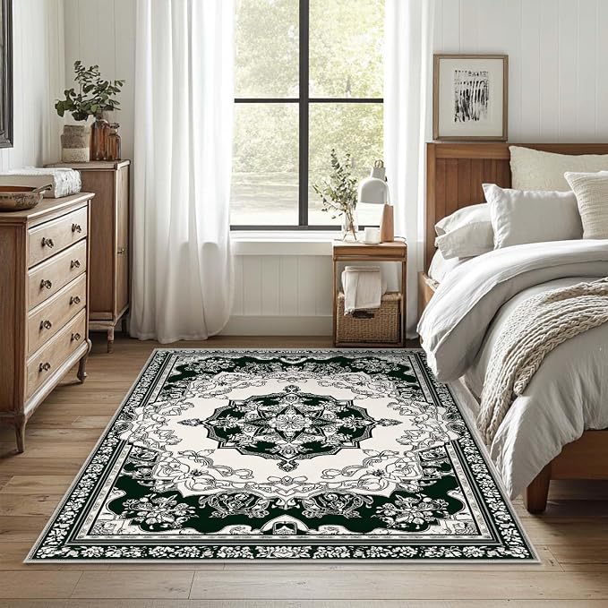 4x6 Traditional Oriental Area Rug Black White Dark Green Rug Non Slip Low Pile - Image 2