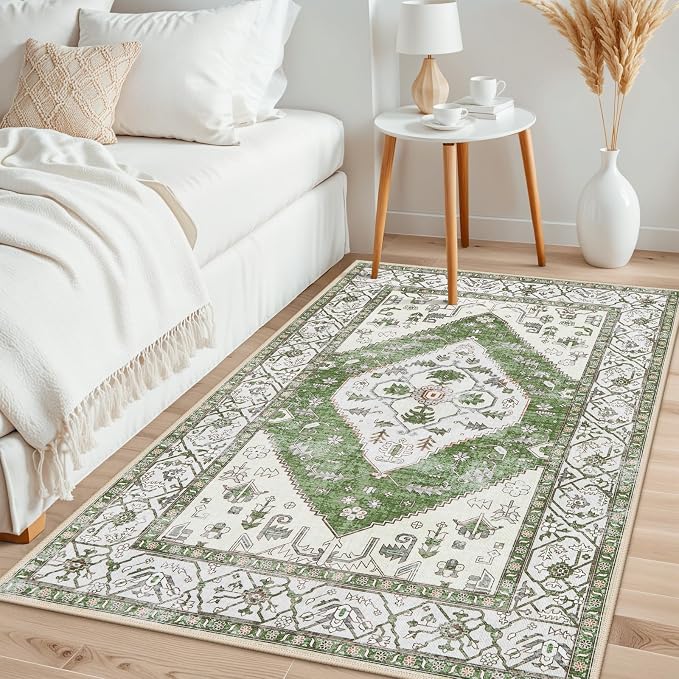 Lahome Boho Green Machine Washable Living Room Rugs - Image 2