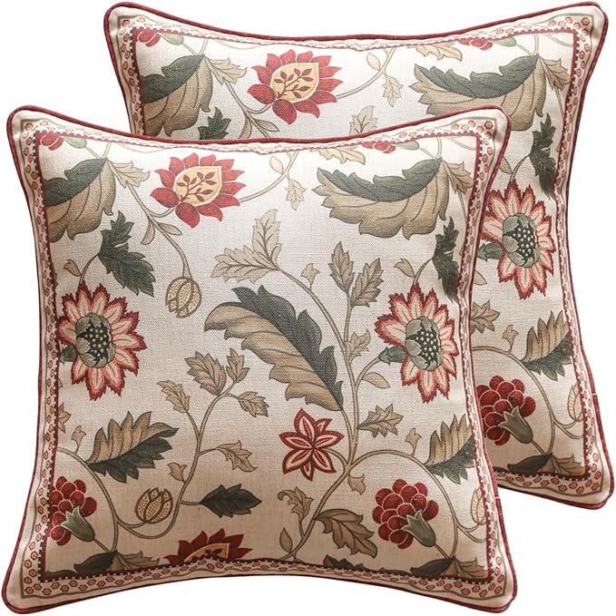 ISAENNE Design Square Pink Floral Linen Throw Pillow Covers 18"x18" Pack of 2 by Isaennehomedecoration
