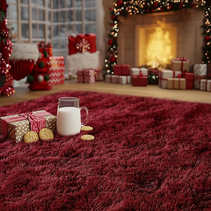 Burgundy Plush Rug for Living Room Fuzzy Carpet for Bedroom Dorm, Non-Slip High - Image 5