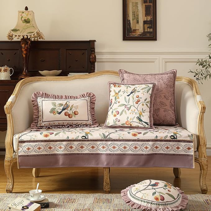 Square Pink Farmhouse Throw Pillow Covers, Birds and Flowers Pattern Cozy - Image 3