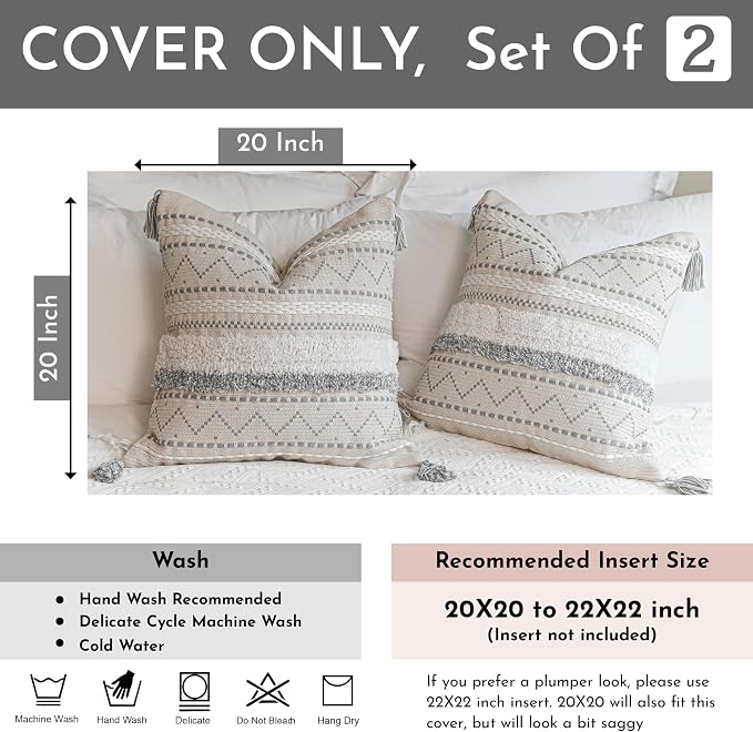 BlissBlush Gray Decorative Throw Pillow Cover 20x20 Combo Set of 2 Square Boho - Image 3