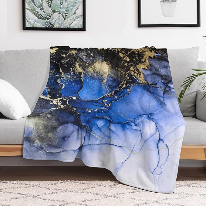 Modern Marble Blanket, Abstract Luxury Baroque Golden Dark Blue Stone Veins - Image 6