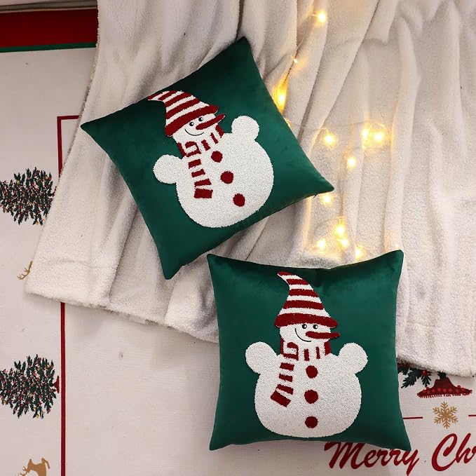 LUOYEHK Christmas Snowman Pillow Covers 18x18 Set of 2 Velvet Green Pillow - Image 3