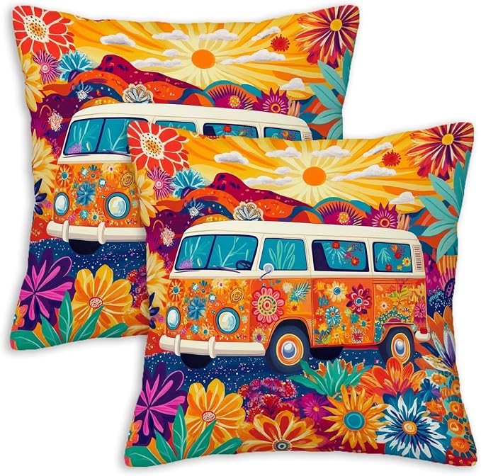 Hippie Van Throw Pillow Covers 18x18 Set of 2 | Home Decor Retro 1960s Cushion by Unknown