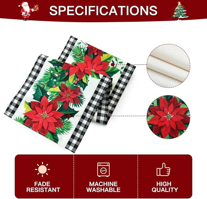 OTOSTAR Black and White Buffalo Check Plaid Holly Christmas Flowers Table Runner - Image 4