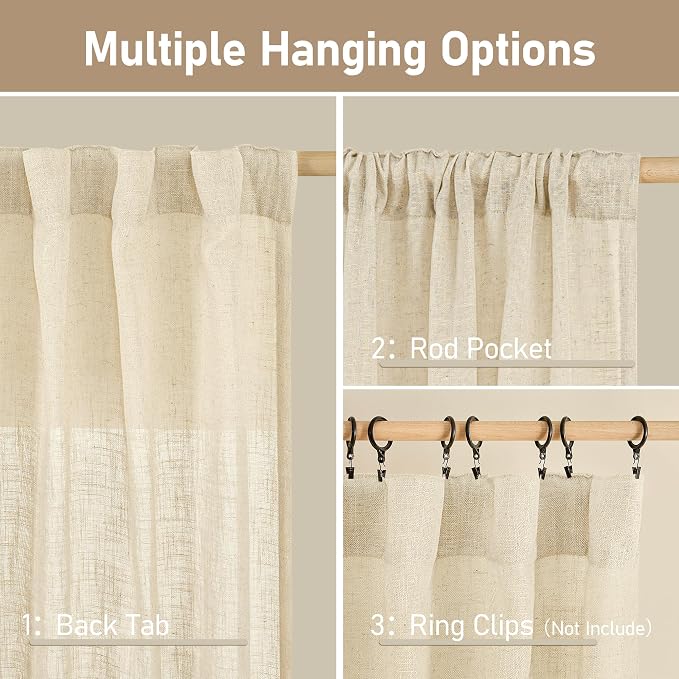 LAMIT 102 inches Long Sheer Linen Curtains, Linen Textured Light Filtering Semi - Image 2