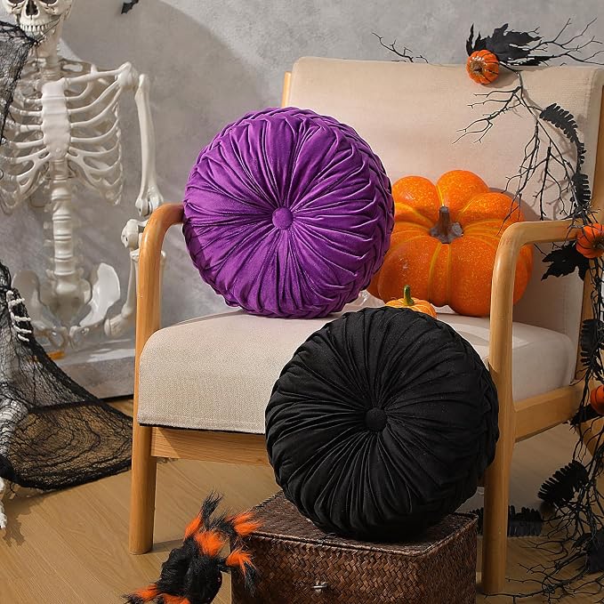 2 Pcs Round Throw Pillows 15 Inch Decorative Velvet Pleated Pumpkin Floor Boho - Image 4