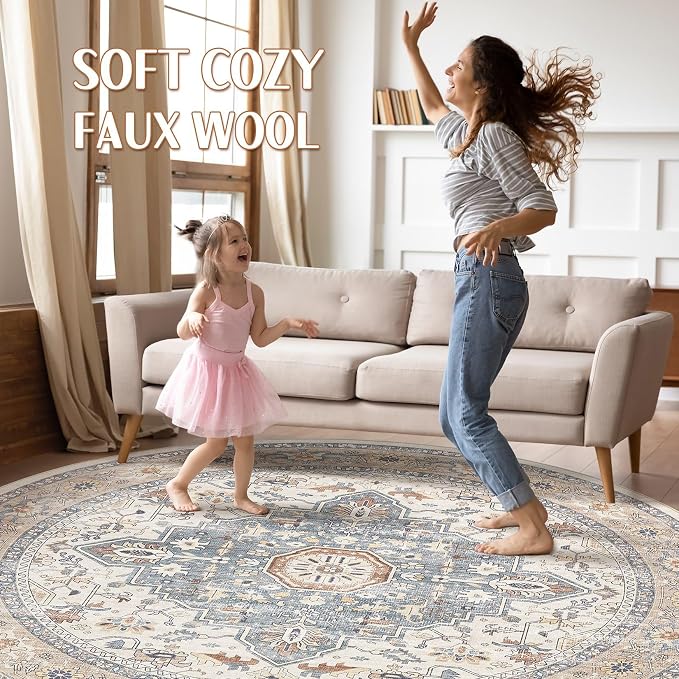 Round Rug Living Room Rugs: 7x7 Washable Boho Neutral Large Circle Soft Indoor - Image 3