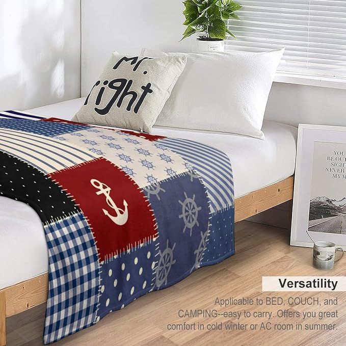 Nautical Blanket Vintage Coastal Rustic Red Blue White Polka Dot Stripe Anchor - Image 2