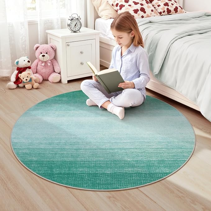 Wonnitar Modern Ombre Washable Round Rug 4ft, Non-Slip Teal Round Bathroom - Image 2