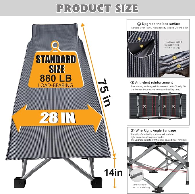 ABORON Camping Cot for Adult 28" Extra Wide, 2PK Heavy-Duty 1200D Oxford Cot - Image 5