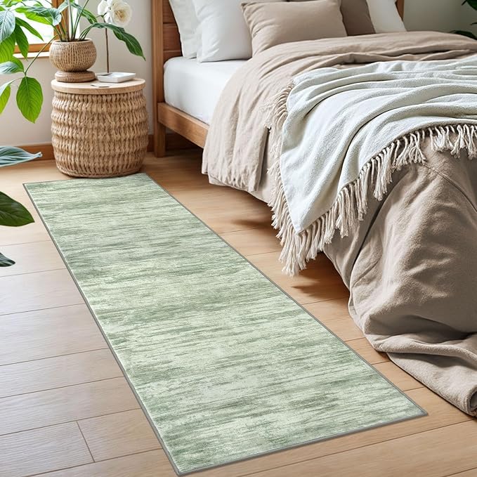 2x6 Modern Abstract Runner Rug for Hallways, Light Sage Green and Ivory Super - Image 3
