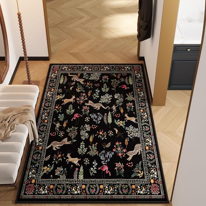 Rugcomf Area Rug 4x6 Rug Washable Boho Rugs Non Slip Low Pile Floral Animal - Image 6