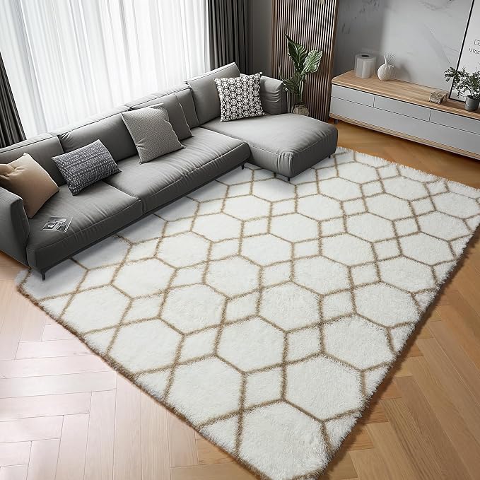 ONASAR 5x7 Area Rugs for Living Room Bedroom, Washable Fluffy White and Beige by ONASAR