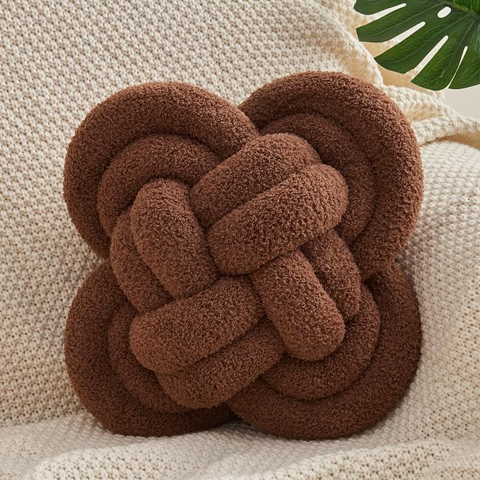 Xiashrk Knot Pillow Ball, Dark Brown Knotted Plush Throw Pillow Handmade Square by Xiashrk