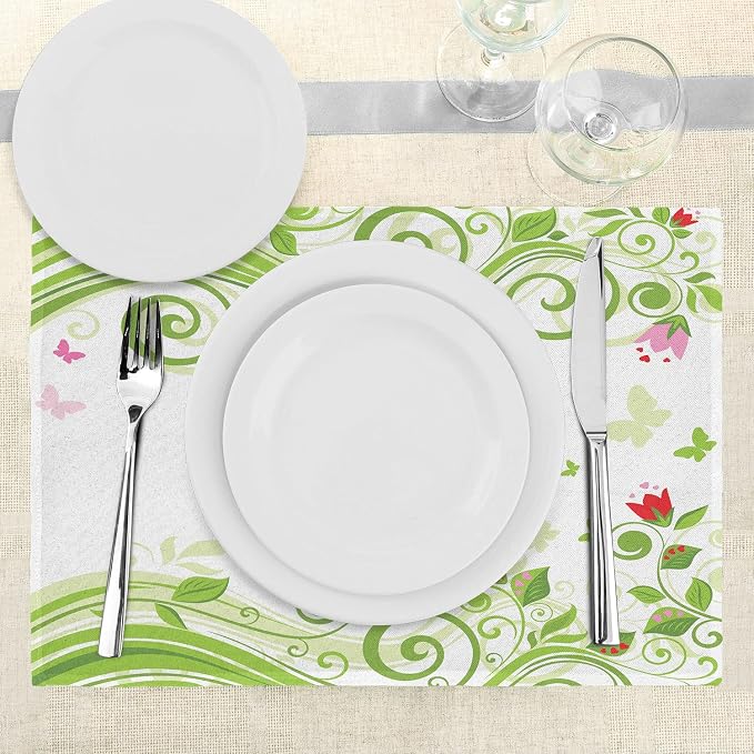Ambesonne Green Flower Place Mats Set of 4, Blossoming Abstract Elements Swirls - Image 3
