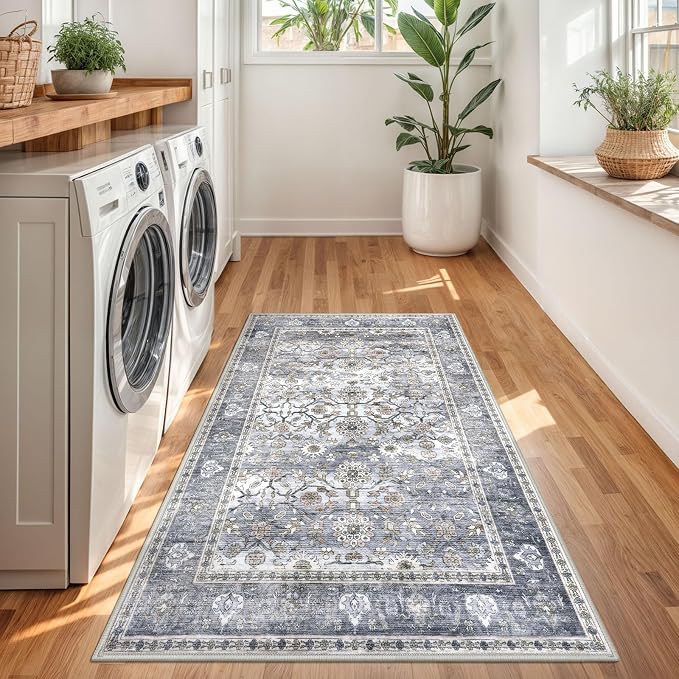 KUTA Vintage Floral 3x5 Rug, Washable Non-Slip Entryway Rug & Kitchen Carpet - Image 3