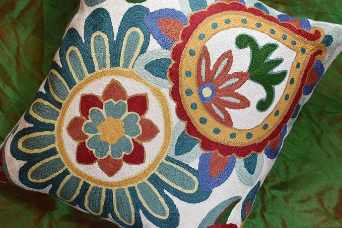 Daisy Floral Pillow Cover Teal Flower Pillowcase Flowery Outdoor Cushion Suzani - Image 9