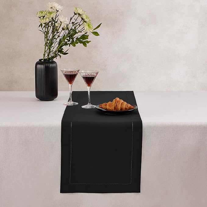 Home Ekaa Black Table Runner 36 Inch – Cotton Linen Hemstitch Farmhouse & - Image 3