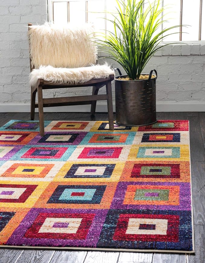 Unique Loom Estrella Collection Colorful, Squares Modern, Abstract Area Rug by UniqueLoom