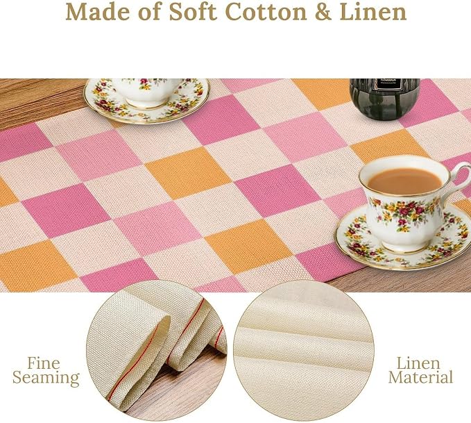 Pink Checkered Table Runner, Vintage 70s Abstract Cute Modern Hippie Table - Image 3