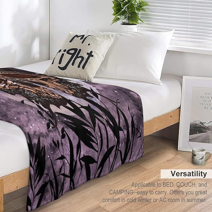 Death Moth Blanket, Boho Gothic Skull Moth Purple Starry Plant Full Moon - Image 5
