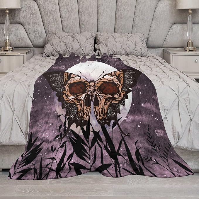 Death Moth Blanket, Boho Gothic Skull Moth Purple Starry Plant Full Moon - Image 7