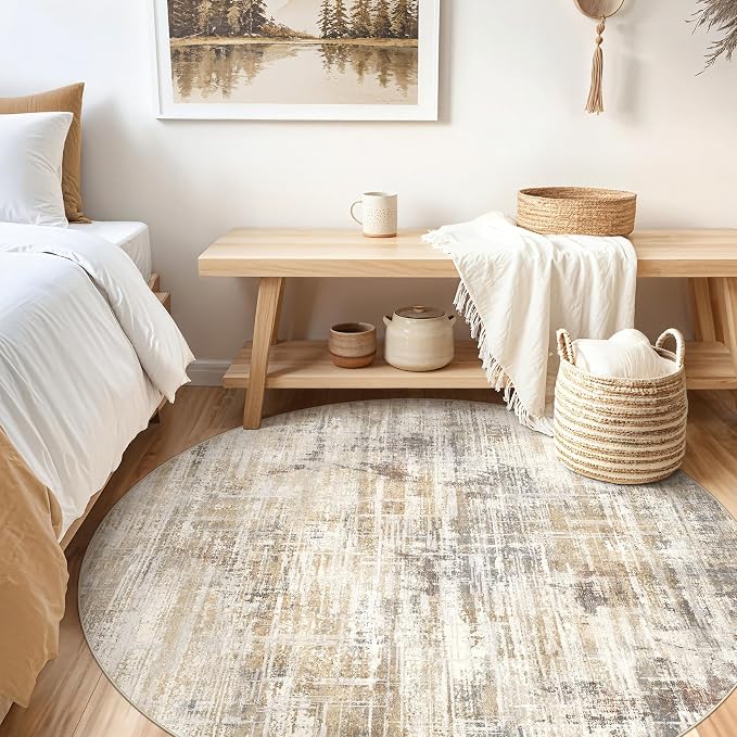 5ft Round Area Rug for Living Room: 5x5 Washable Neutral Abstract Modern Soft - Image 2