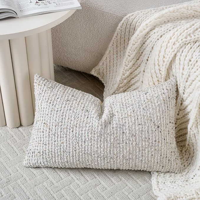 Striped Throw Pillow Covers 12x20 Set of 2 Cream Grey Textured Boucle Chic - Image 4
