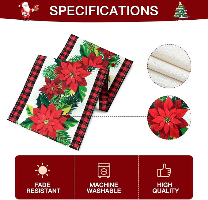 OTOSTAR Black and Red Buffalo Check Plaid Holly Christmas Flowers Table Runner - Image 4