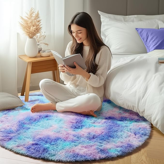 ONASAR Rainbow Round Area Rugs 6ft, Fluffy Soft Bedroom Circle Rug - Image 7