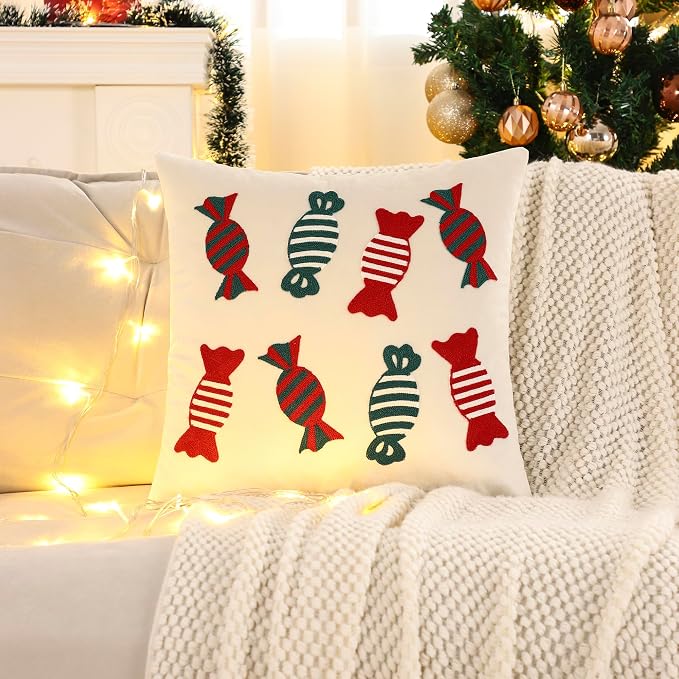 LUOYEHK Christmas Pillow Covers 18x18 Set of 2 Candy Decorative Beige Pillow - Image 4