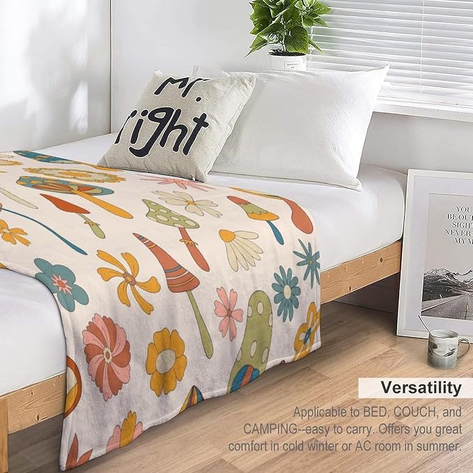 70s Mushroom Throw Blanket, Retro 60s Groovy Mushroom Boho Hippie Flowers Print - Image 5