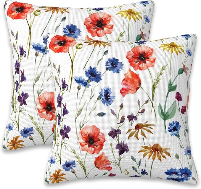 Wildflowers Throw Pillow Covers Set of 2 Watercolor Poppy Pillow Covers 18x18 by Naqiuli