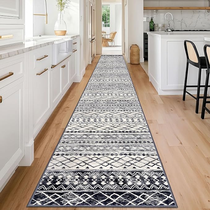 KUTA Moroccan Washable Runner Rug 2.6x18 Non-Slip Vintage Black Navy Blue Boho - Image 2