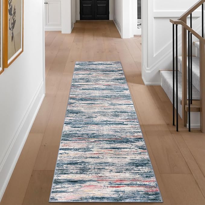 2x8 Modern Abstract Runner Rug for Hallways, Teal Blue Peach Gray Multi Super - Image 3