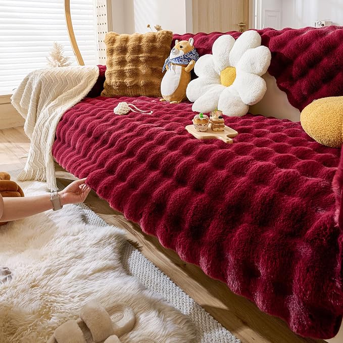 Christmas Faux Fur Couch Cover Fuzzy Soft Plush Thick Bubble Sofa Cover Luxury by Huierxun