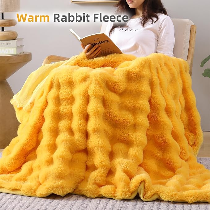 Smoofy Faux Fur Throw Blanket for Couch – Mustard Yellow Fluffy Cozy Rabbit - Image 6