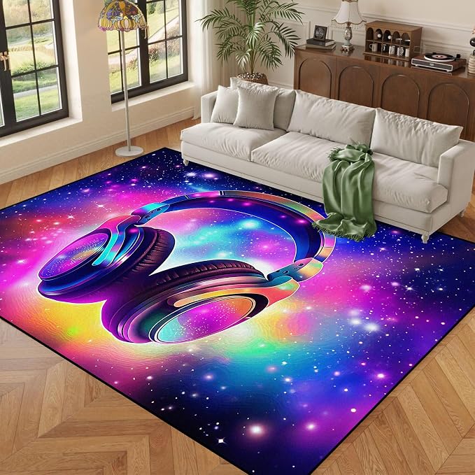 5' X 7' Galaxy Game Area Rug Music Headphone Rugs Colorful Throw Rug Non-Slip - Image 5