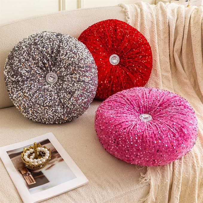 Round Throw Pillow, 13.7" Soft Glitter Sequin Pleated Pumpkin Decorative Round - Image 5
