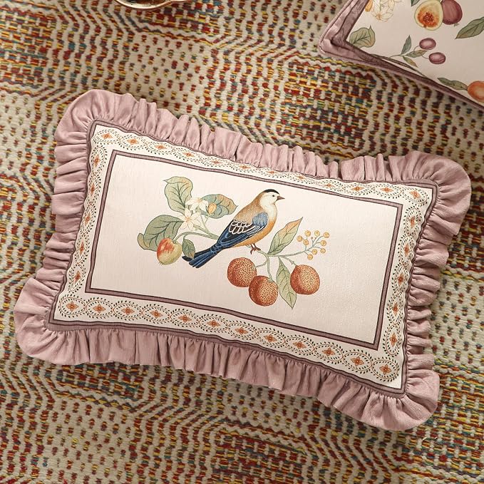 Pink Rectangle Farmhouse Throw Pillow Covers, Birds and Flowers Pattern Cozy - Image 6