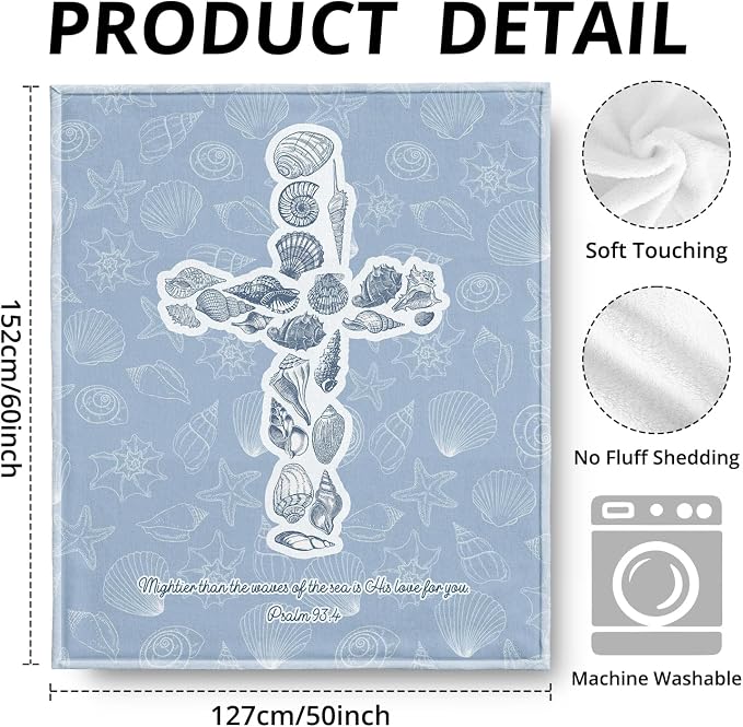 Blue Christian Blanket, Beach Seashell Cross Bible Verse Throw Blankets - Image 3