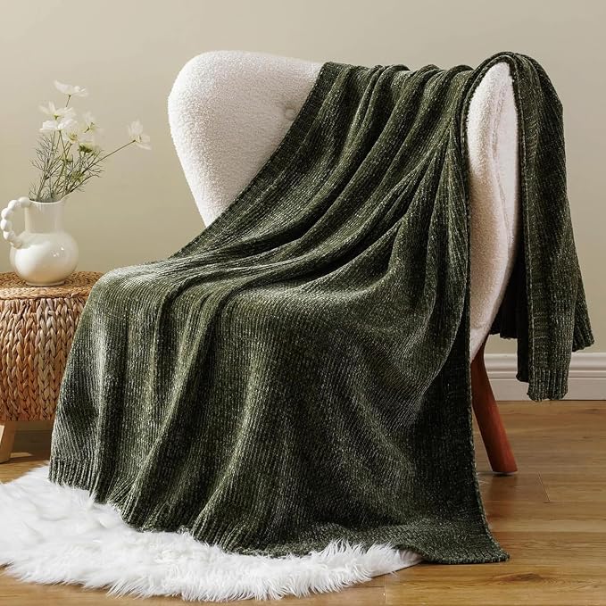 BATTILO HOME Olive Green Chenille Throw Blanket - Image 2