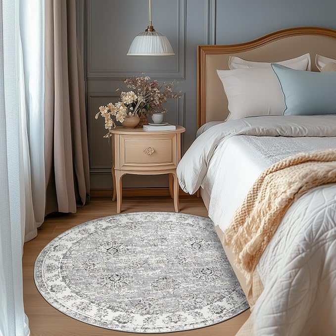 jinchan Fiora Round Rug 5ft Area Rugs Vintage Floral Distressed Design - Image 2