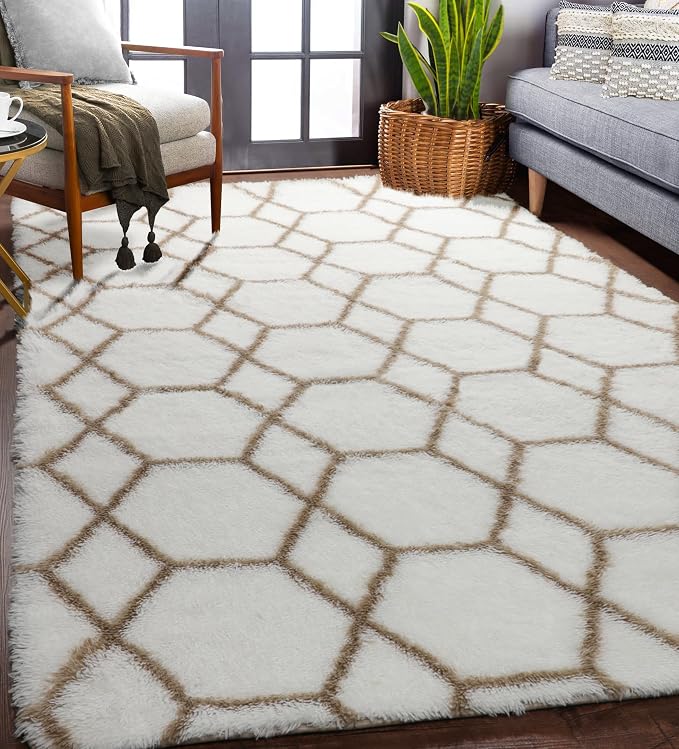 ONASAR 5x7 Area Rugs for Living Room Bedroom, Washable Fluffy White and Beige - Image 3