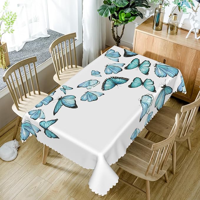 70x90inches Blue Butterfly Rectangle Table Cloth Nature Butterflies White - Image 5