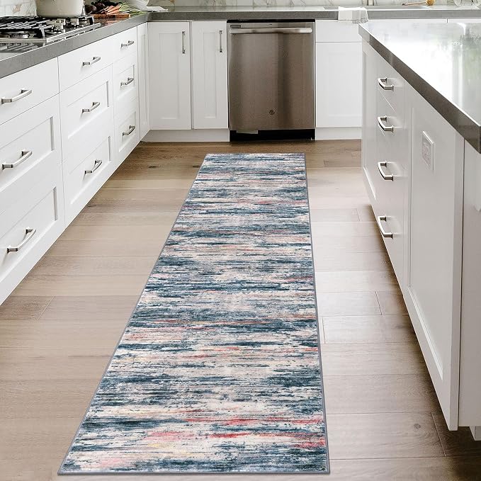 2x8 Modern Abstract Runner Rug for Hallways, Teal Blue Peach Gray Multi Super - Image 2