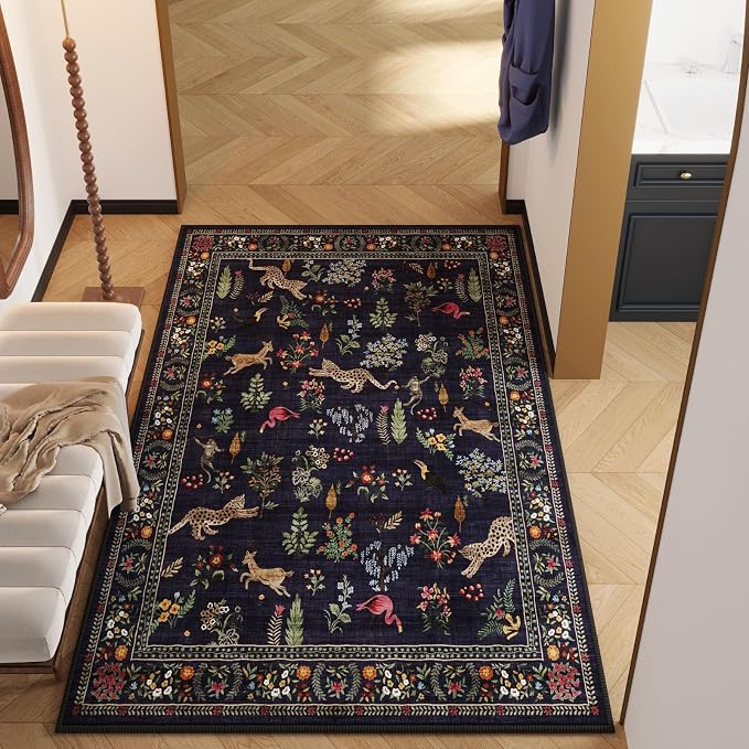 Rugcomf Area Rug 4x6 Rug Washable Boho Rugs Non Slip Low Pile Floral Animal - Image 5
